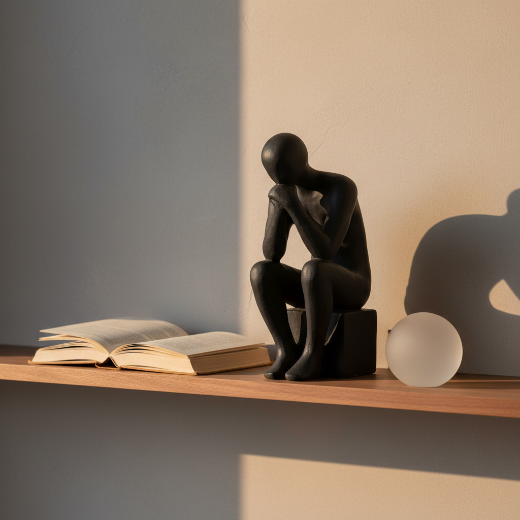 A refined still life featuring a matte black ceramic sculpture in the abstract form of a thinker, perched on a narrow, polished walnut shelf. Flanking the sculpture are a slim, open philosophy book with gently ivory pages and a smooth, frosted glass orb. The distant background is a soft, gradient wall in muted stone tones, providing an elegant backdrop. Warm but subdued afternoon light streams from the side, accentuating the sculpture's textures with gentle rim lighting and subtle shadows. Photographed at a moderate angle for lively composition and employing the rule of thirds, the image feels harmonious, minimalist, and sophisticated—echoing the contemplative nature of philosophy central to the club intellectuel.