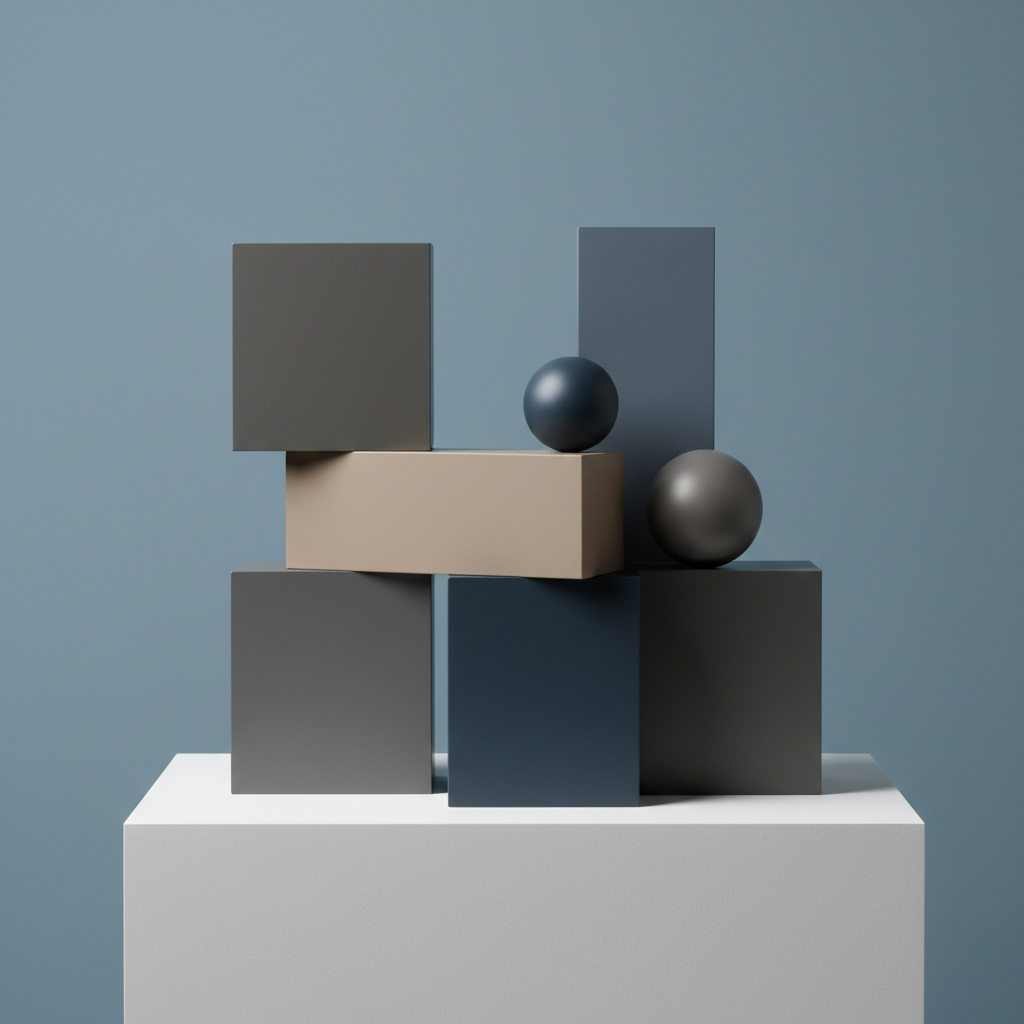 Elegant arrangement of intersecting geometric forms—smooth, matte-finished cubes, cylinders, and spheres in subdued shades of gray, taupe, and slate—resting on a minimalist white plinth. Subtle gradients and refined edges create a balanced interplay of light and shadow. The background is a seamless canvas in a muted, dusty blue. Cool, even studio lighting brings out soft highlights and the interplay of forms without harsh contrasts. The composition is photographed directly from the front, using asymmetrical balance and shallow depth of field to create a sense of intellectual curiosity and minimalist sophistication, suitable for conveying the abstract nature of sociological and scientific thought.