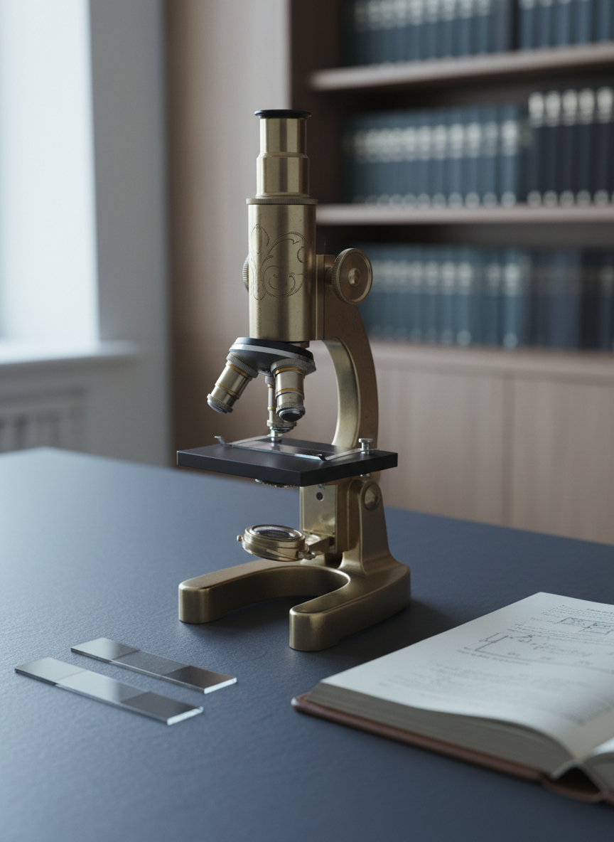 A close-up of an antique brass microscope with a brushed, muted sheen and elegant engraved detailing, set atop a slate-gray desk surface. Surrounding the microscope are carefully arranged, minimalist glass slides and a thin leather-bound scientific journal with a subtle matte finish. The background is softly blurred, revealing the outlines of sophisticated wall shelves lined with neatly ordered scientific volumes. Cool, soft daylight filters through, creating delicate highlights on the brass and soft gradients across the scene. Captured from a slightly elevated angle for depth, the composition employs subtle negative space and a clean, minimalist, photographic style. The overall mood is thoughtful and intellectually stimulating, perfect for a modern education and science club website.